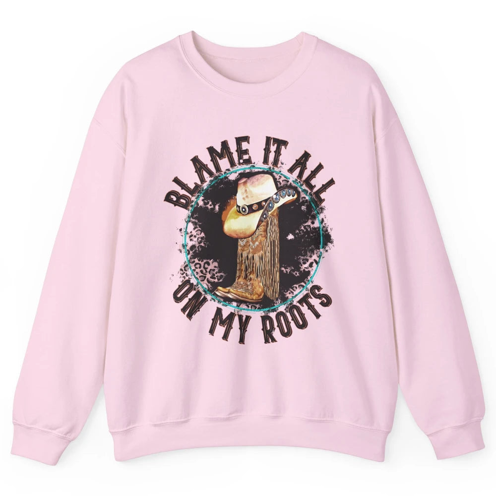 Retro Leopard Cowboy Boots Blame It On My Roots Western Girl Unisex Crewneck Sweatshirt