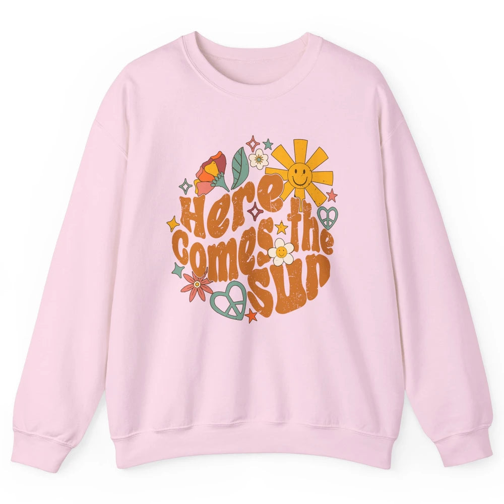Retro Daisy Rainbow Sunrise Here Comes The Sun Hippie Girl Unisex Crewneck Sweatshirt