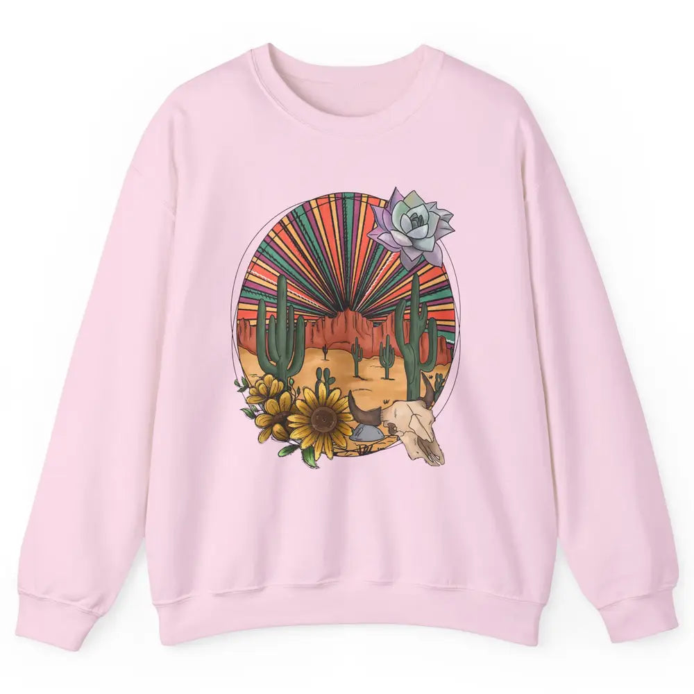 Retro Desert Western Cowboy Boho Skull Cactus Country Cowboy Unisex Crewneck Sweatshirt