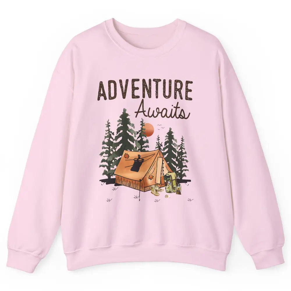 Retro Camping Tent Mountain Sunset Adventure Awaits Campers Unisex Crewneck Sweatshirt