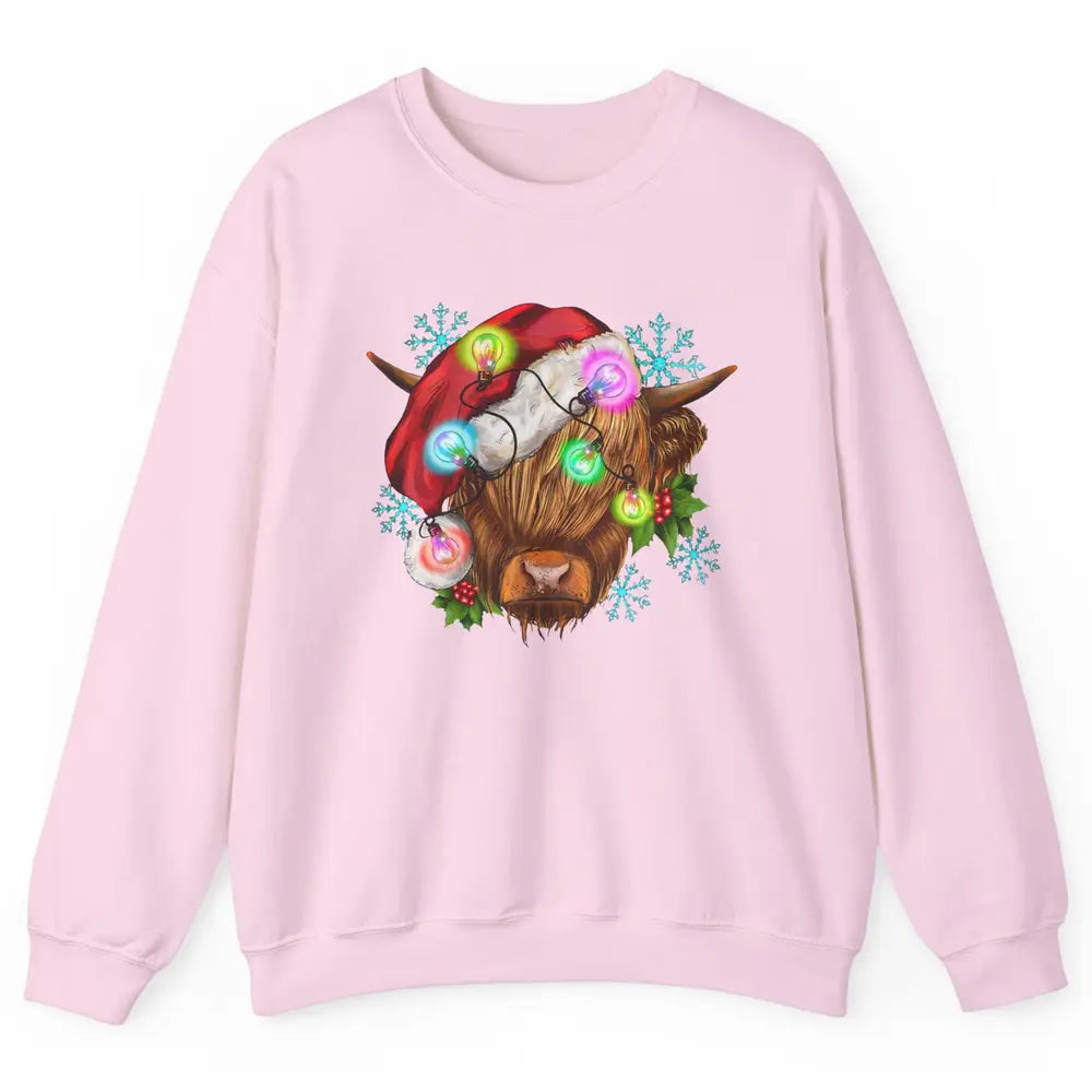 Christmas Highland Cow Xmas Light Western Christmas Cow Unisex Crewneck Sweatshirt
