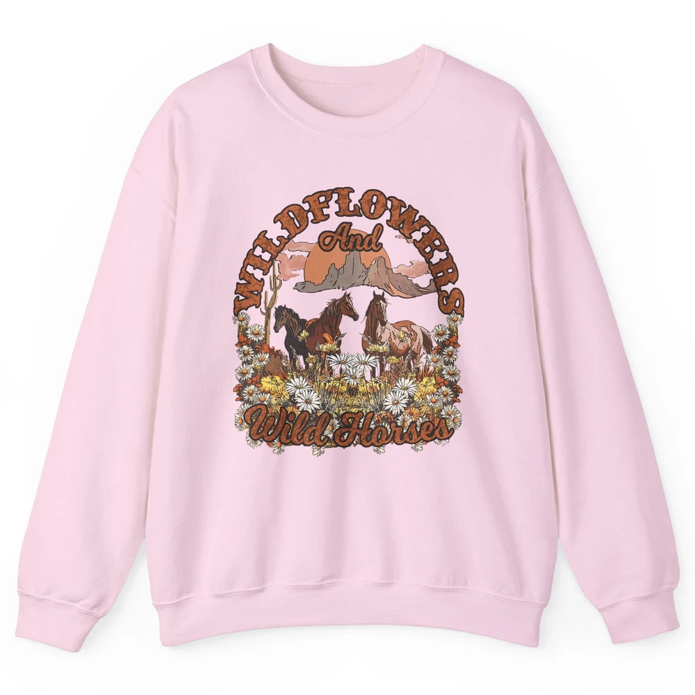 Retro Floral Desert Wildflowers Wild Horses Western Country Unisex Crewneck Sweatshirt