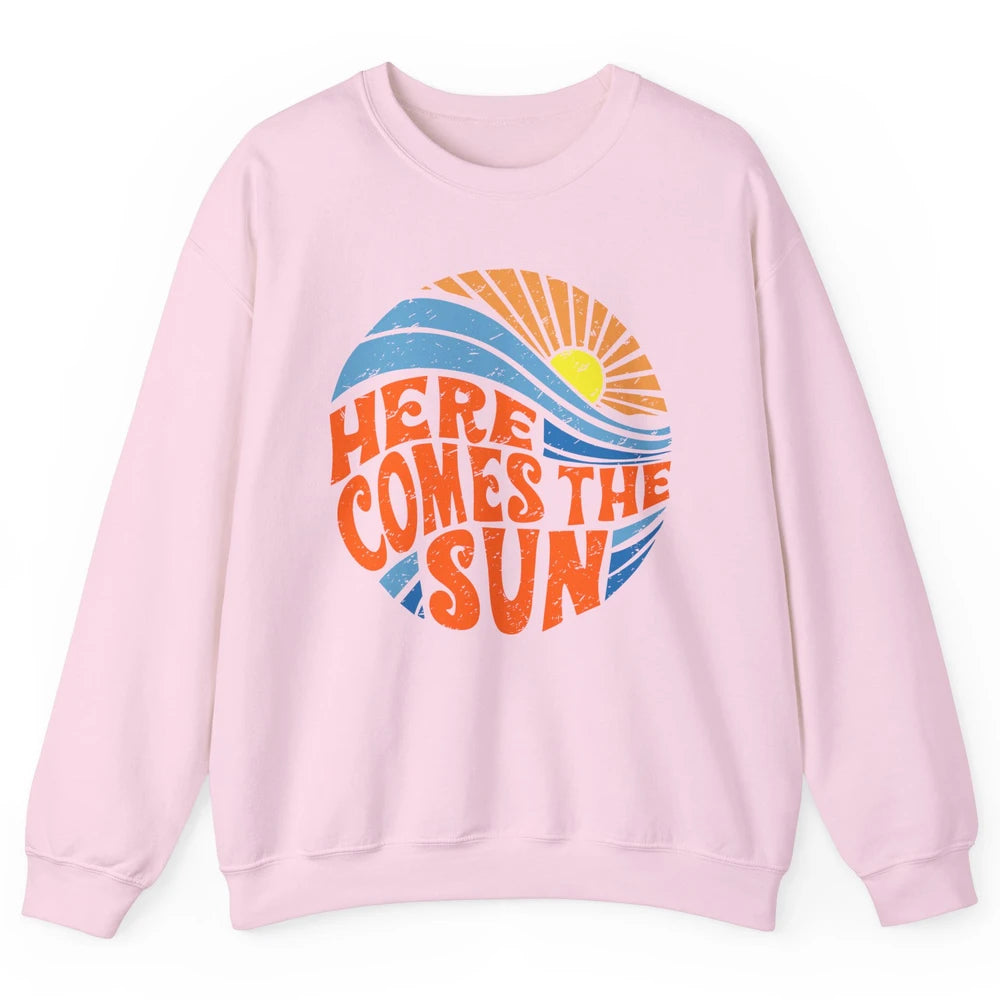Retro Rainbow Sunrise Here Comes The Sun Hippie Girl Unisex Crewneck Sweatshirt