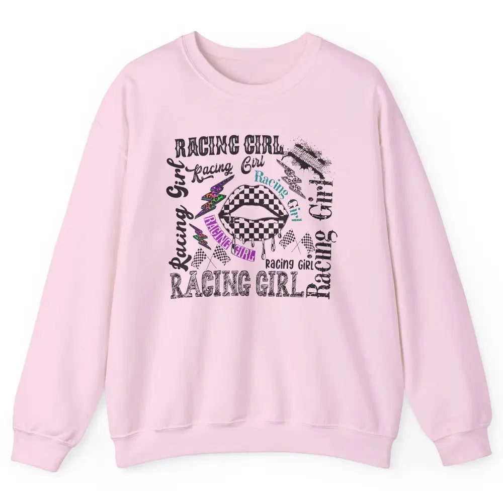 Racing Girl Lips It's Race Day Race Flag Race Lips Girl Gift Unisex Crewneck Sweatshirt