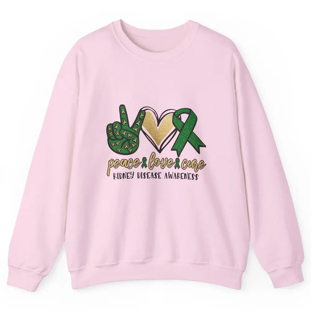 Peace Love Cure Kidney Disease Awareness Green Ribbon Heart Unisex Crewneck Sweatshirt