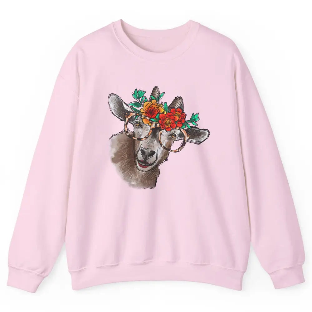 Retro Goat Glasses Flower Goat Girl Goat Lovers Gift Unisex Crewneck Sweatshirt
