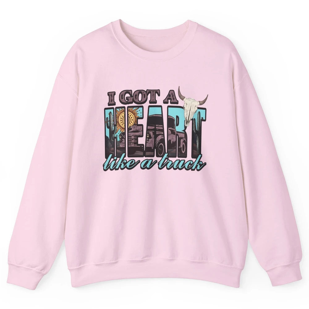 Retro Desert Bull Skull I Got A Heart Like A Truck Western Unisex Crewneck Sweatshirt