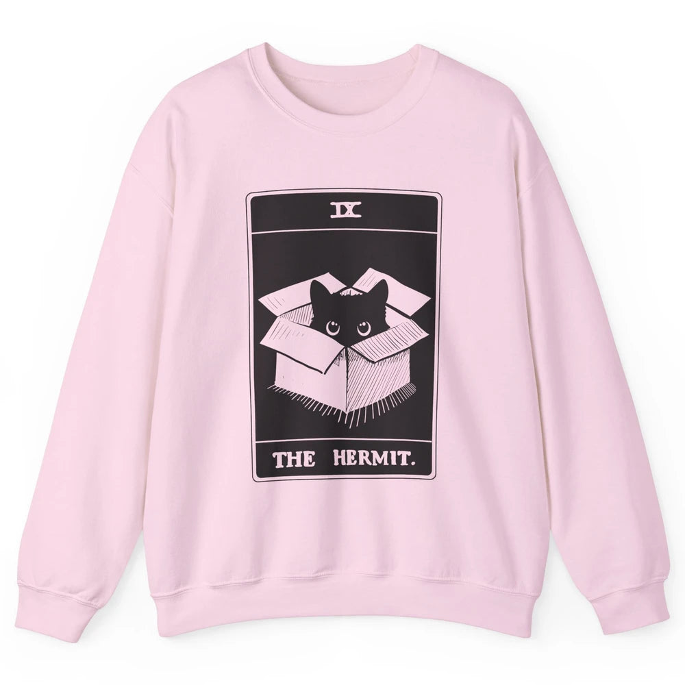 Retro Halloween Black Cat The Hermit Tarot Card Witchcraft Unisex Crewneck Sweatshirt