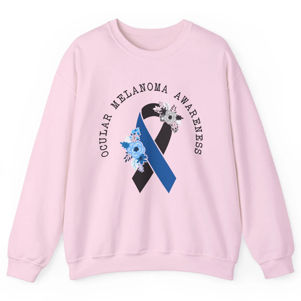 Ocular Melanoma Awareness Floral Black Blue Ribbon Rainbow Unisex Crewneck Sweatshirt