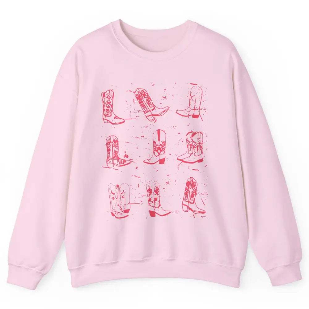 Retro Pink Cowboy Boots Western Valentine Cowgirl Gift Unisex Crewneck Sweatshirt