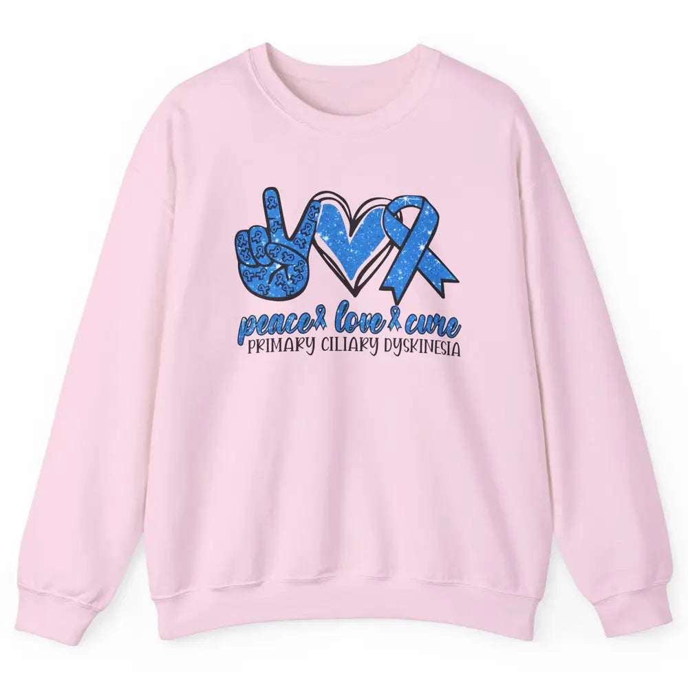 Primary Ciliary Dyskinesia Peace Love Cure Blue Ribbon Unisex Crewneck Sweatshirt