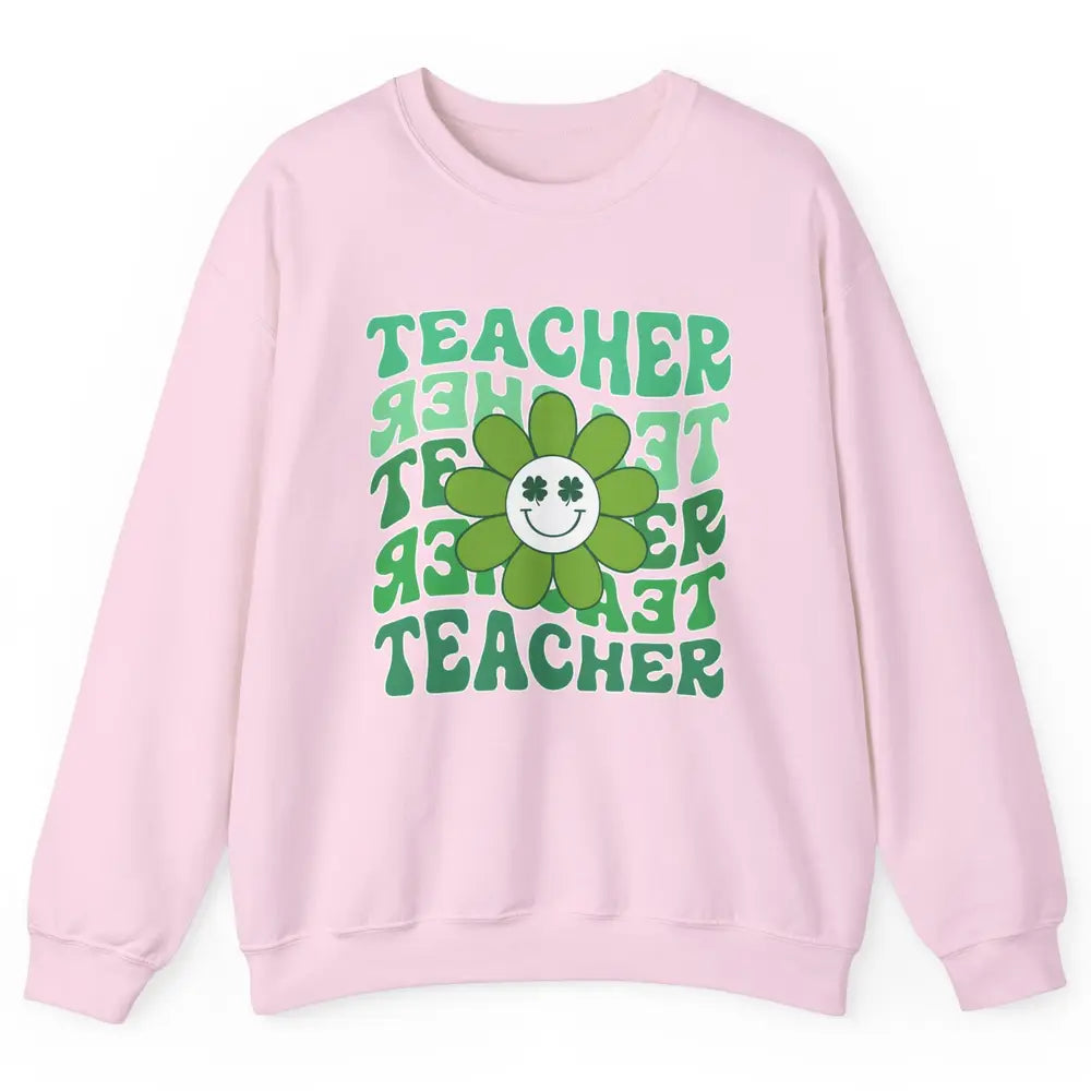 Retro Groovy Wavy Teacher Smiling Face Daisy St Patricks Day Unisex Crewneck Sweatshirt