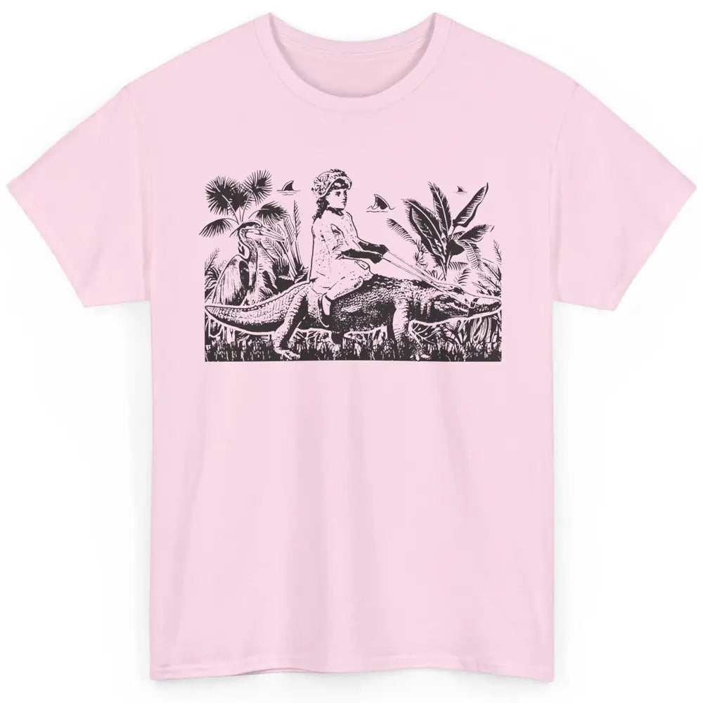 Retro Florida Tropical Land Girl Riding Alligator Summer Classic Unisex T-Shirt