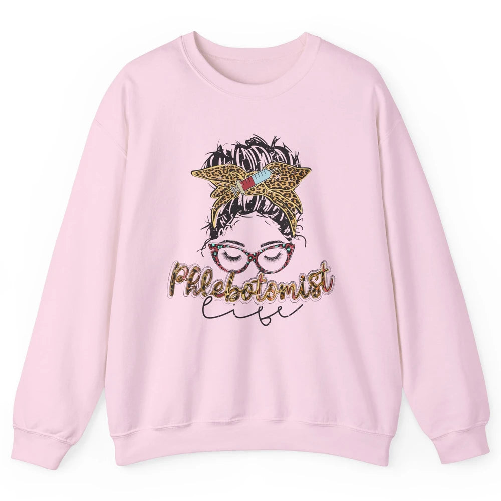 Retro Leopard Phlebotomist Life Messy Bun Mom Phlebotomy Unisex Crewneck Sweatshirt