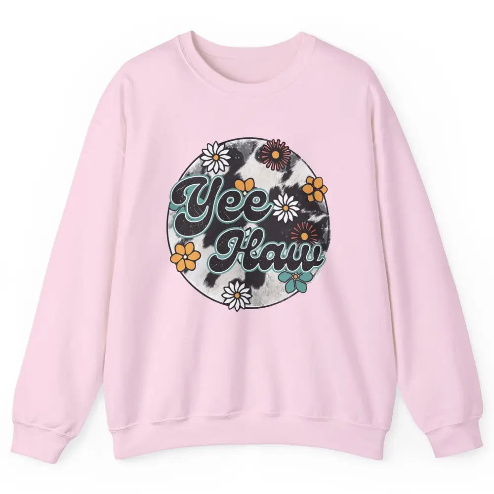Retro Groovy Daisy Yee Haw Cowhide Western Country Cowgirl Unisex Crewneck Sweatshirt