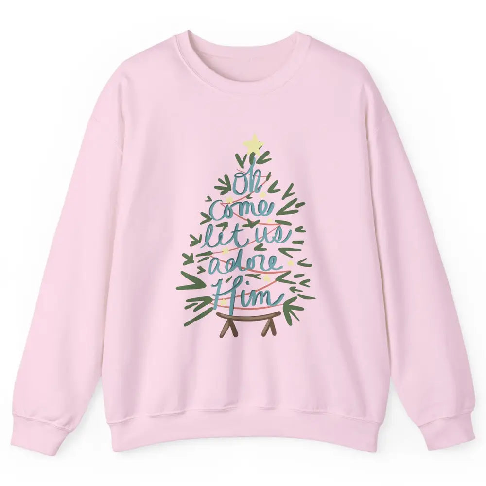 Oh Come Let Us Adore Him Groovy Christmas Tree Church Xmas Unisex Crewneck Sweatshirt
