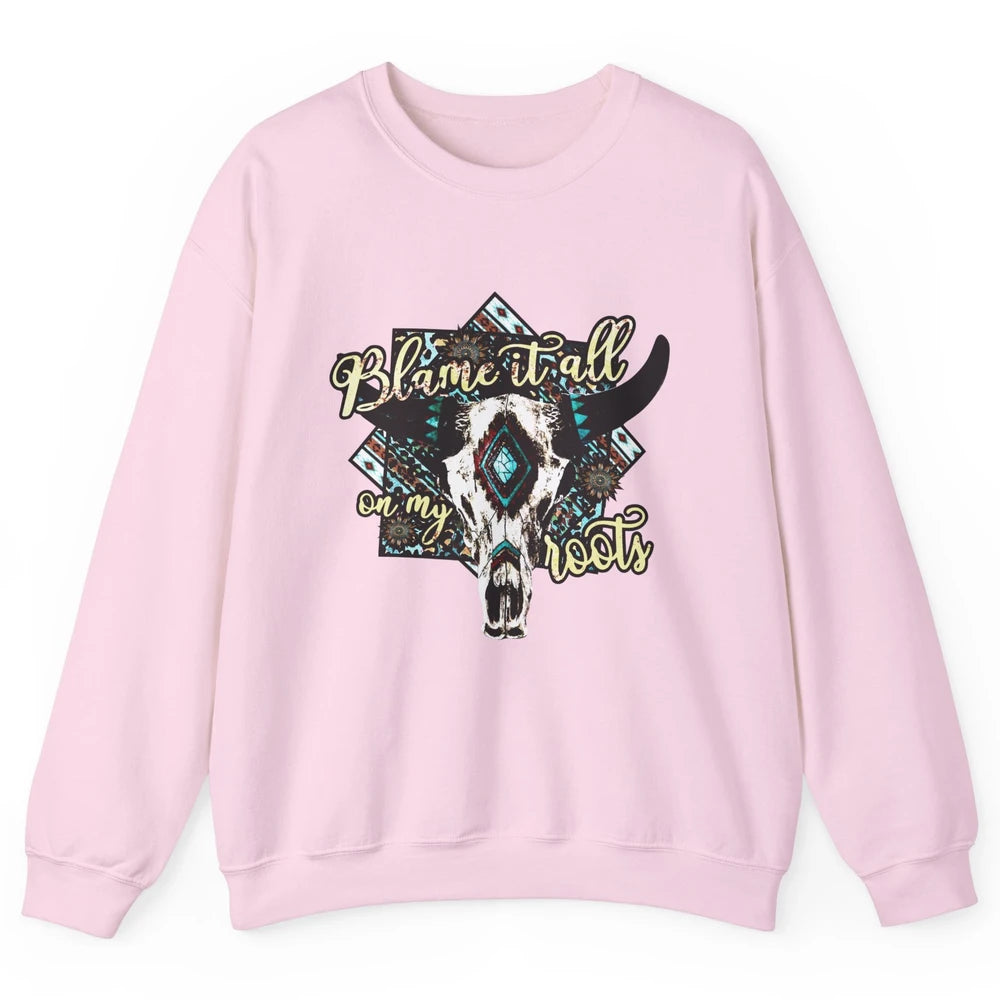 Retro Boot Blame It All On My Root Cow Skull Western Cowboy Unisex Crewneck Sweatshirt
