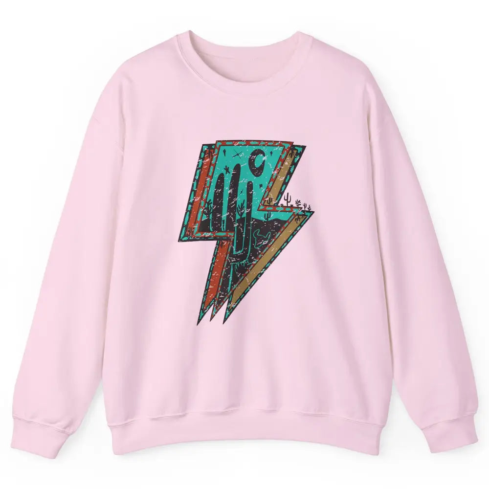 Retro Desert Cactus Night Turquoise Lightning Bolt Western Unisex Crewneck Sweatshirt