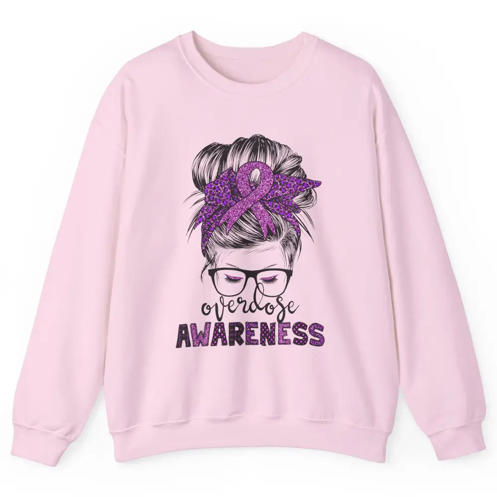 Overdose Awareness Messy Hair Bun Purple Leopard Warrior Unisex Crewneck Sweatshirt