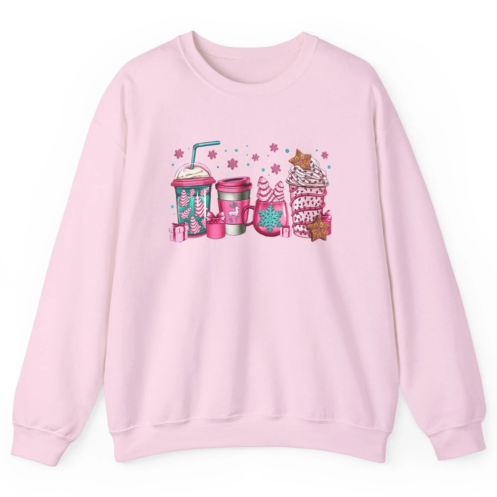 Pink Christmas Coffee Christmas Tree Cake Christmas Lovers Unisex Crewneck Sweatshirt
