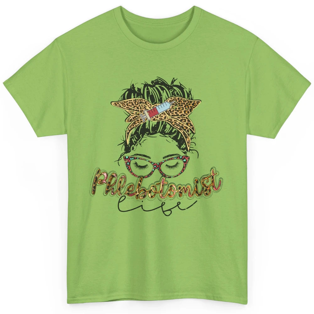 Retro Leopard Phlebotomist Life Messy Bun Mom Phlebotomy Classic Unisex T-Shirt
