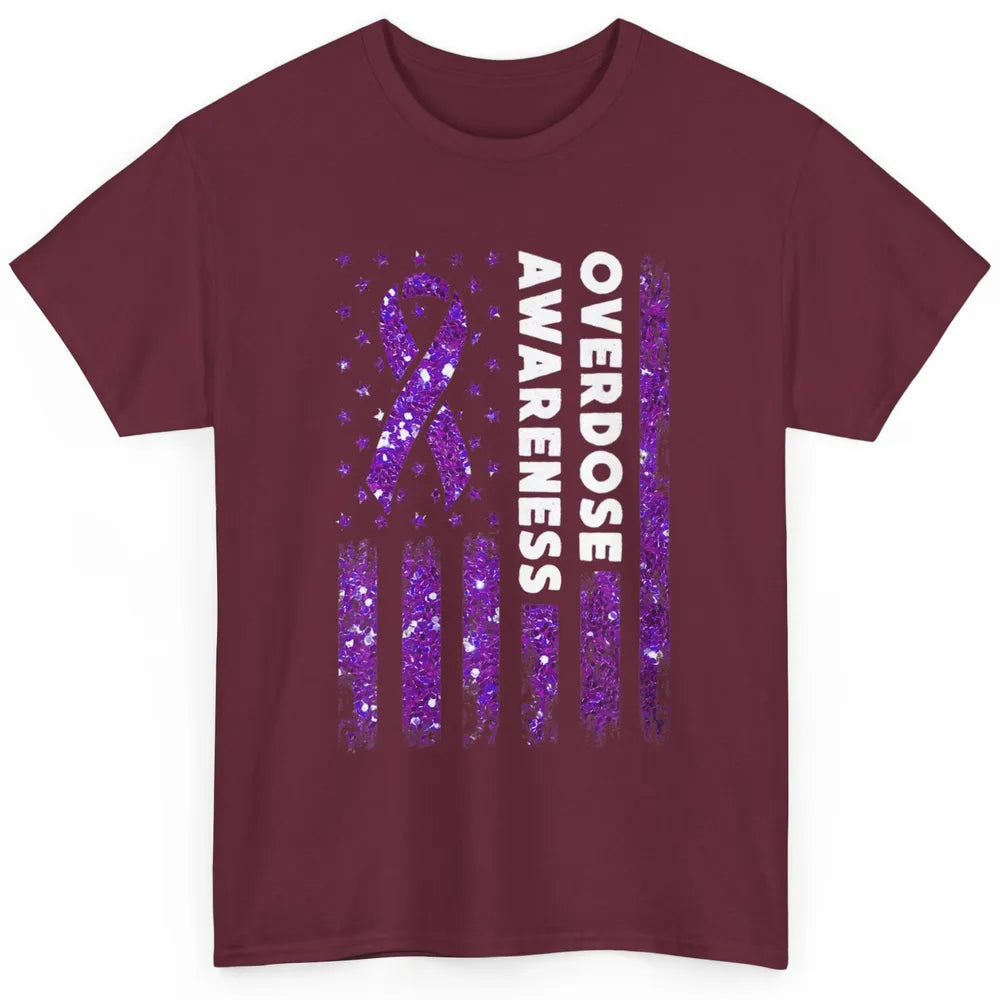 Overdose Awareness US Flag Purple Ribbon Addiction Warrior Classic Unisex T-Shirt