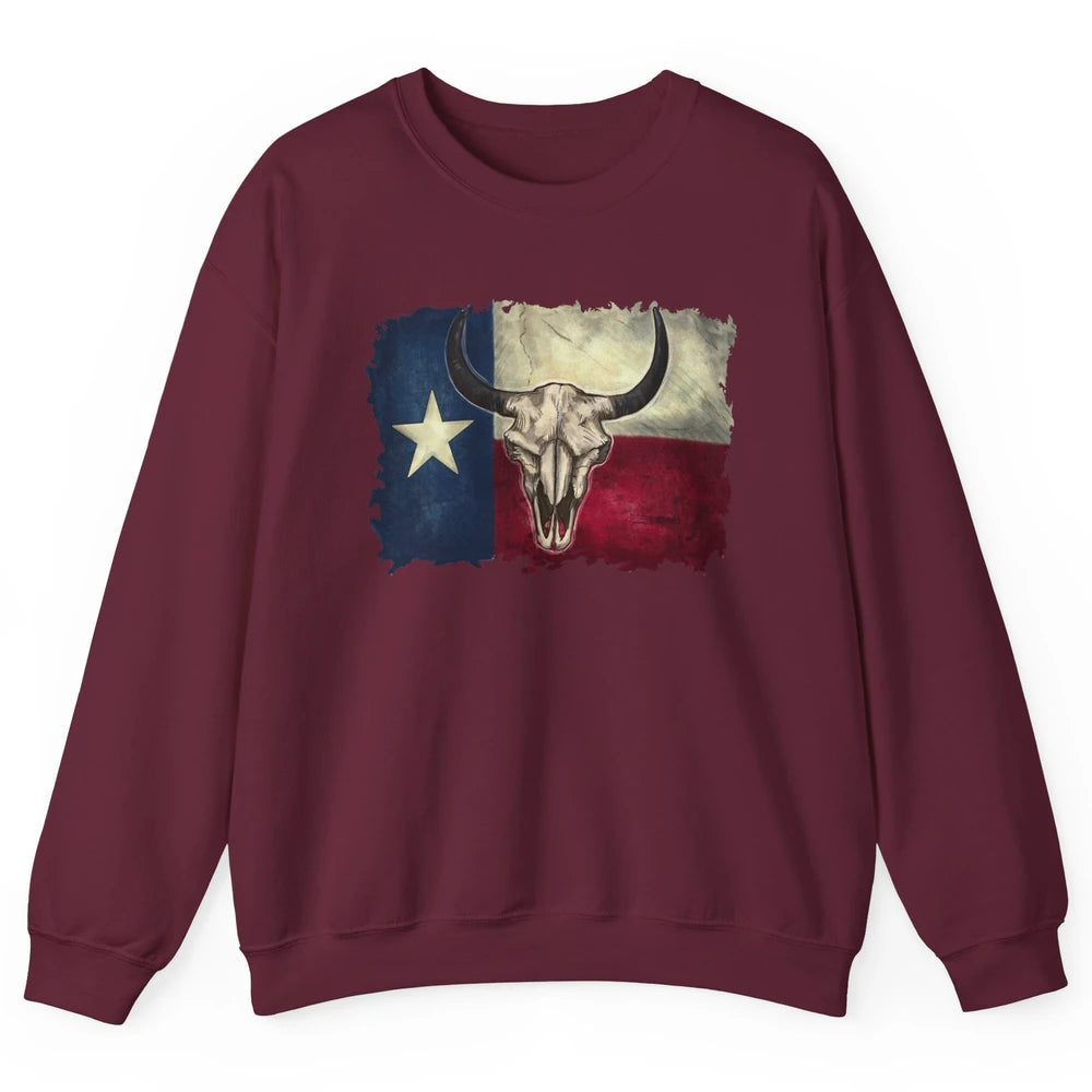 Retro Bull Skull Texas Map Western Country Cowboy Cowgirl Unisex Crewneck Sweatshirt