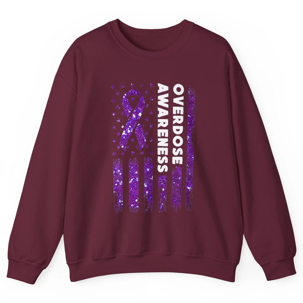 Overdose Awareness US Flag Purple Ribbon Addiction Warrior Unisex Crewneck Sweatshirt