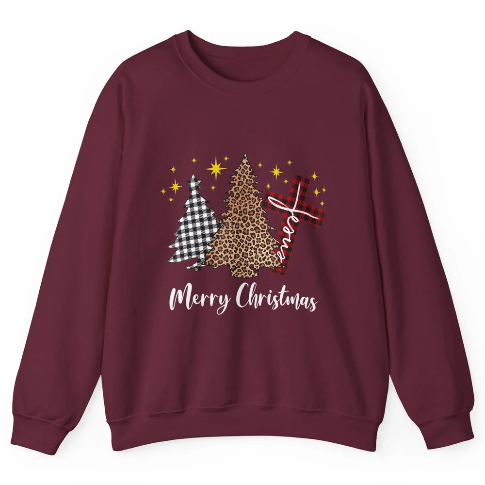 Merry Christmas Xmas Tree Cross Red Plaid Christian Leopard Unisex Crewneck Sweatshirt