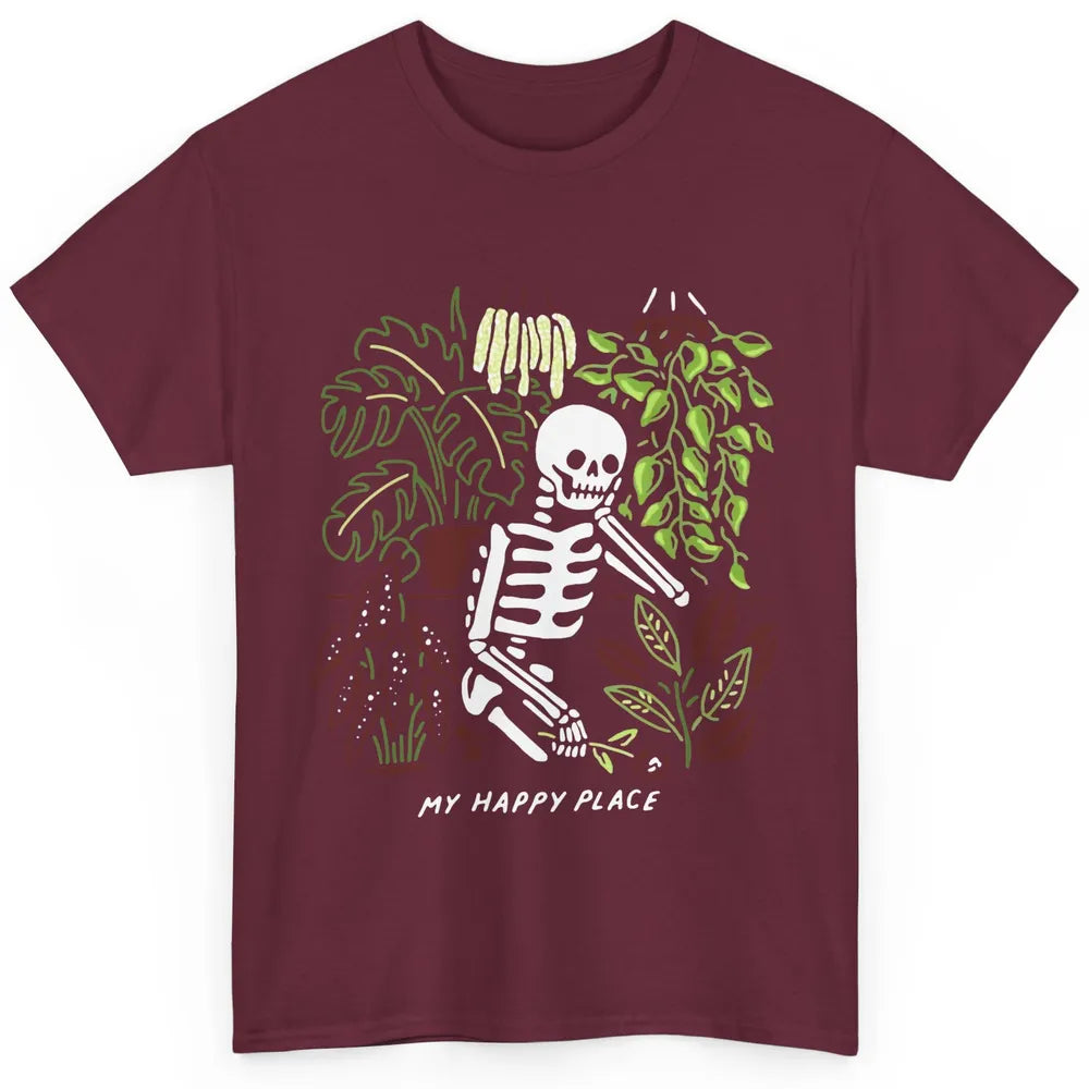 Retro Funny Skeleton Gardening My Happy Place Plant Lovers Classic Unisex T-Shirt