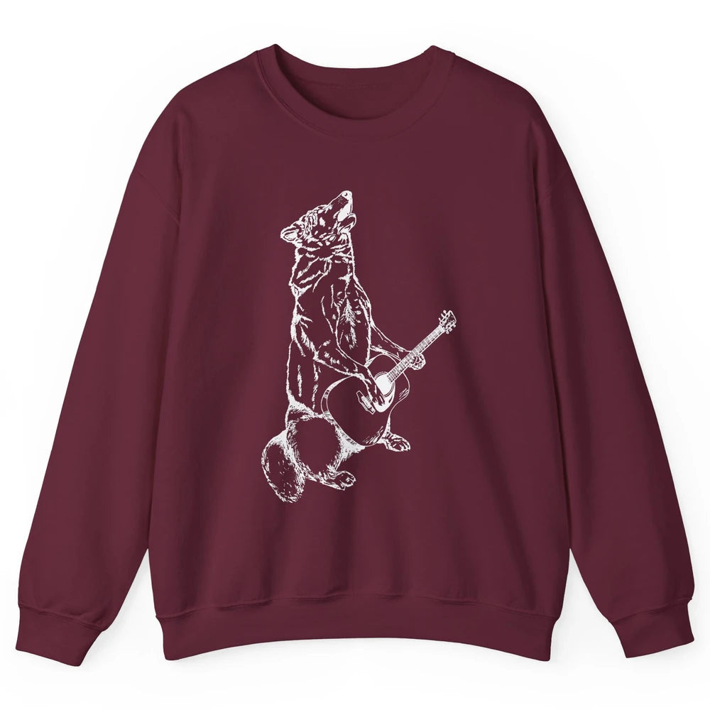 Retro Howling Wolf Playing Guitar Musician Guitarist Music Unisex Crewneck Sweatshirt