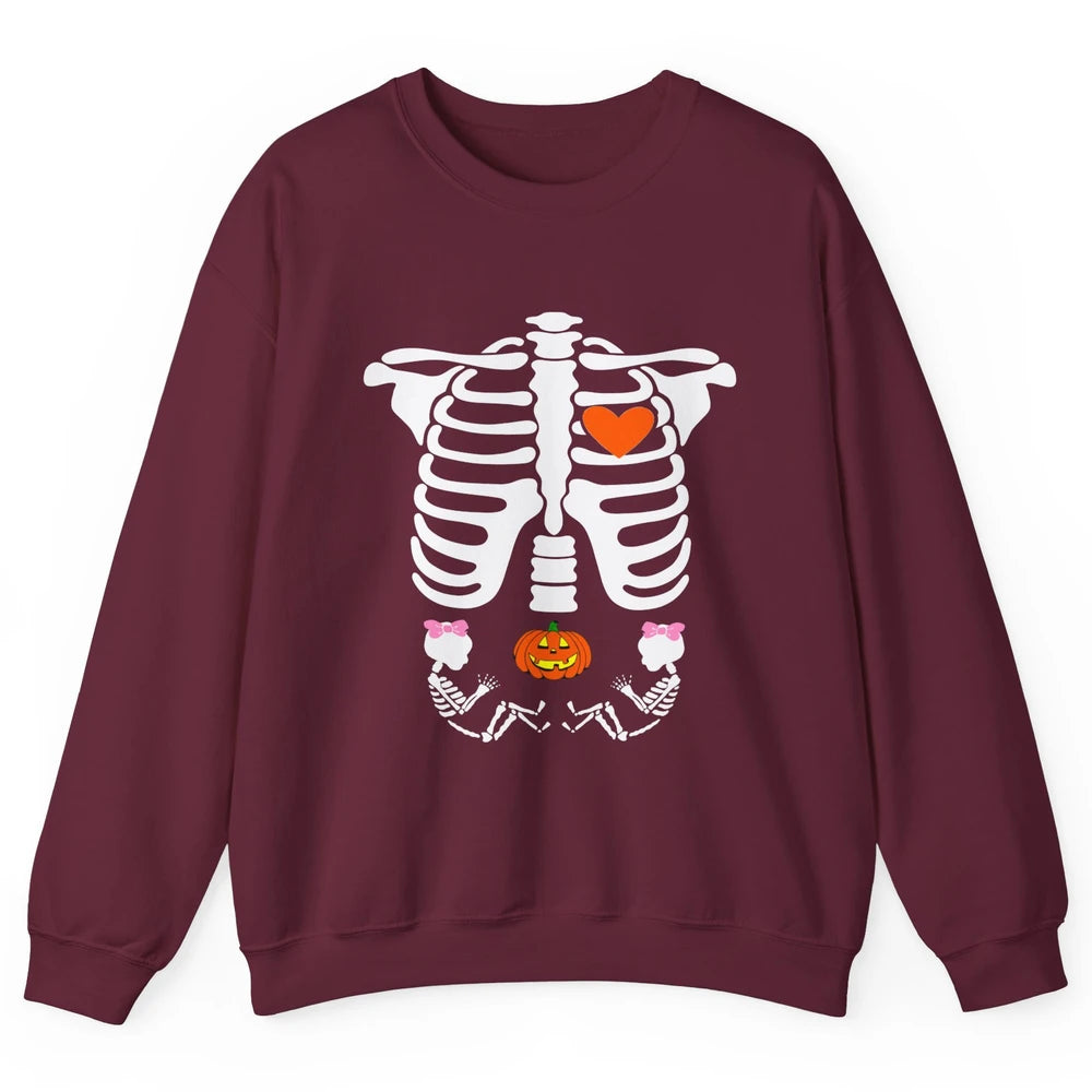 Pregnant Halloween Skeleton Baby Twins Witch Pumpkin Costume Unisex Crewneck Sweatshirt