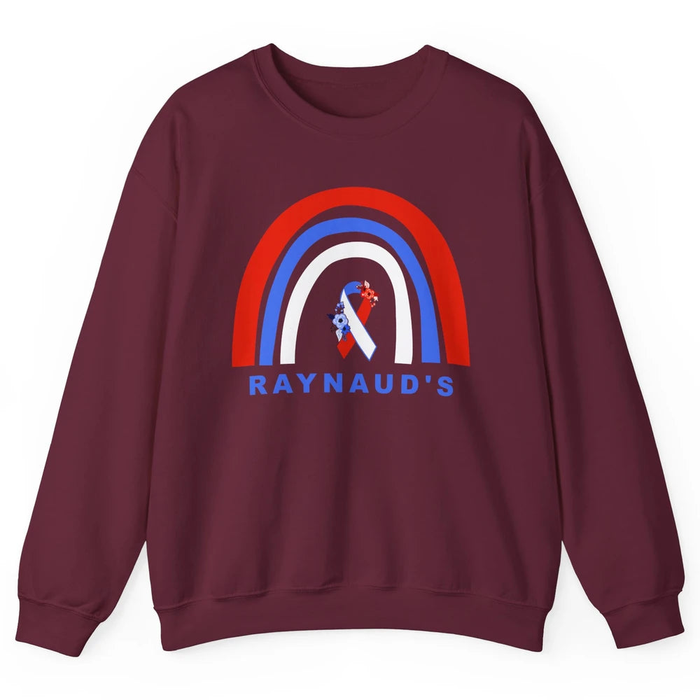 Raynaud's Syndrome Awareness Floral Red Blue Ribbon Rainbow Unisex Crewneck Sweatshirt