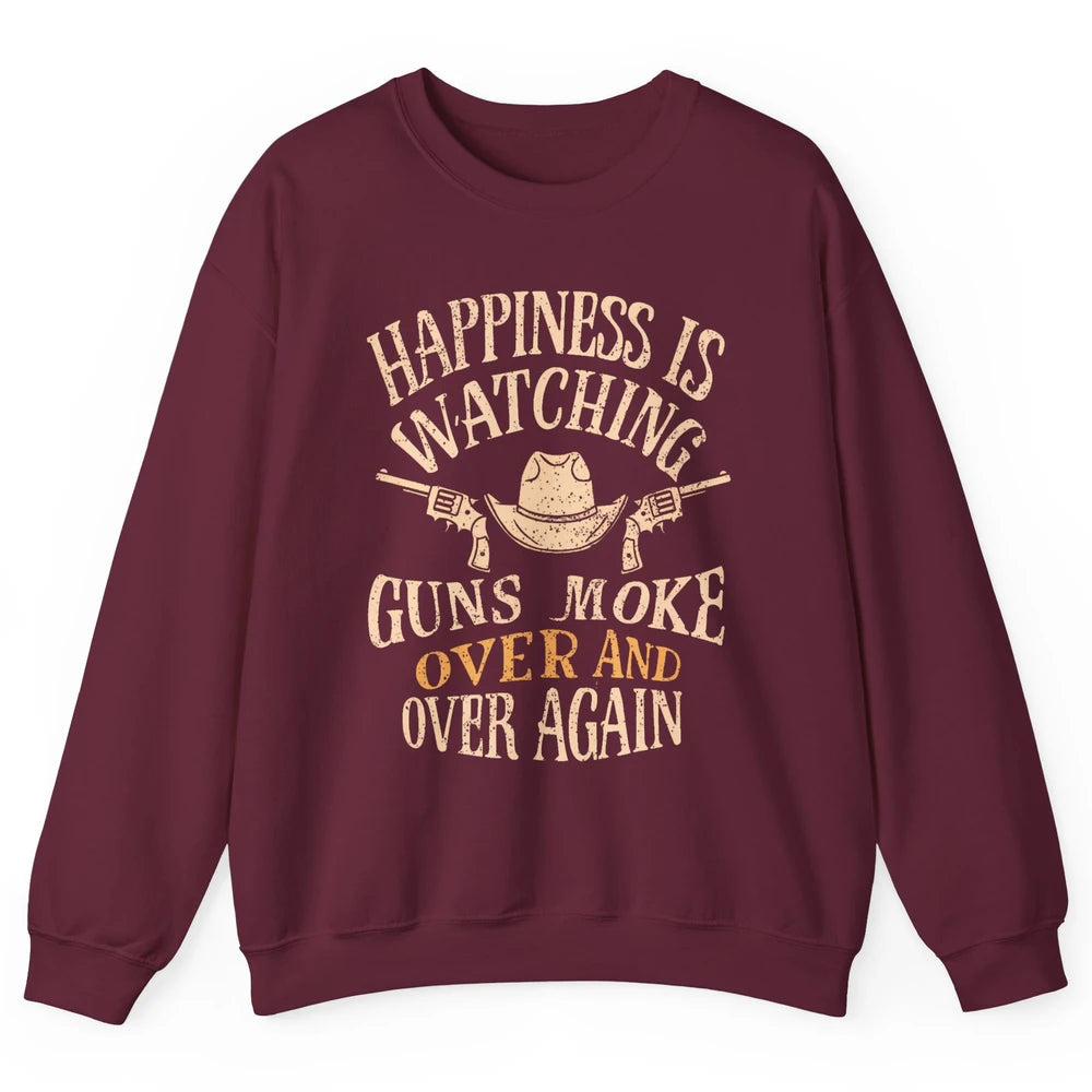 Happiness Is Watching Gunsmoke Over Retro Cowboy Hat Rodeo Howdy Western Country Unisex Crewneck Sweatshirt
