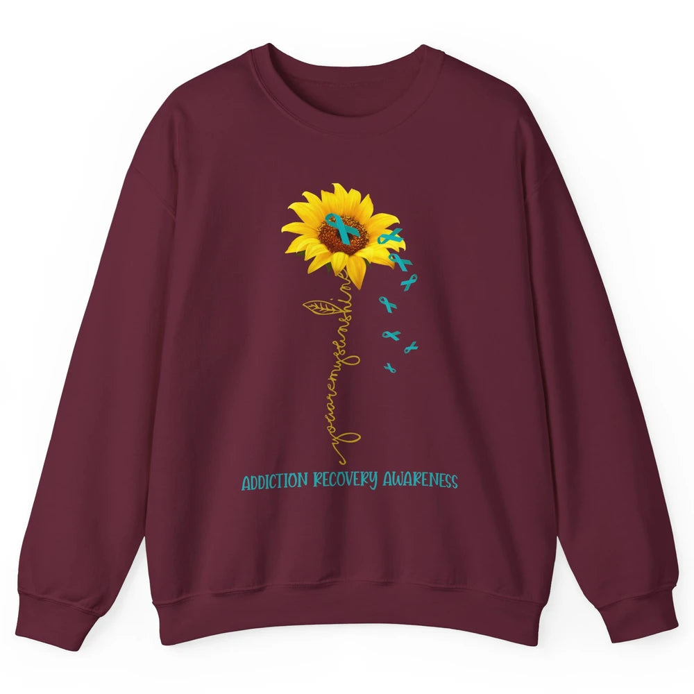 Addiction Recovery Awareness Teal Ribbon Sunflower Unisex Crewneck Sweatshirt