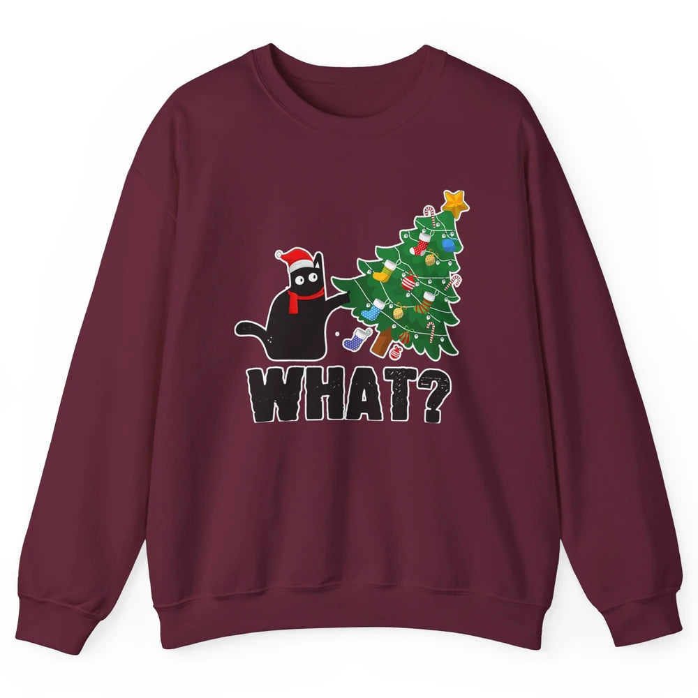 Black Cat Pushing Christmas Tree What Xmas Lights Santa Hat Unisex Crewneck Sweatshirt