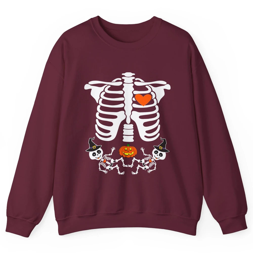 Pregnant Halloween Skeleton Baby Twins Witch Pumpkin Costume Unisex Crewneck Sweatshirt