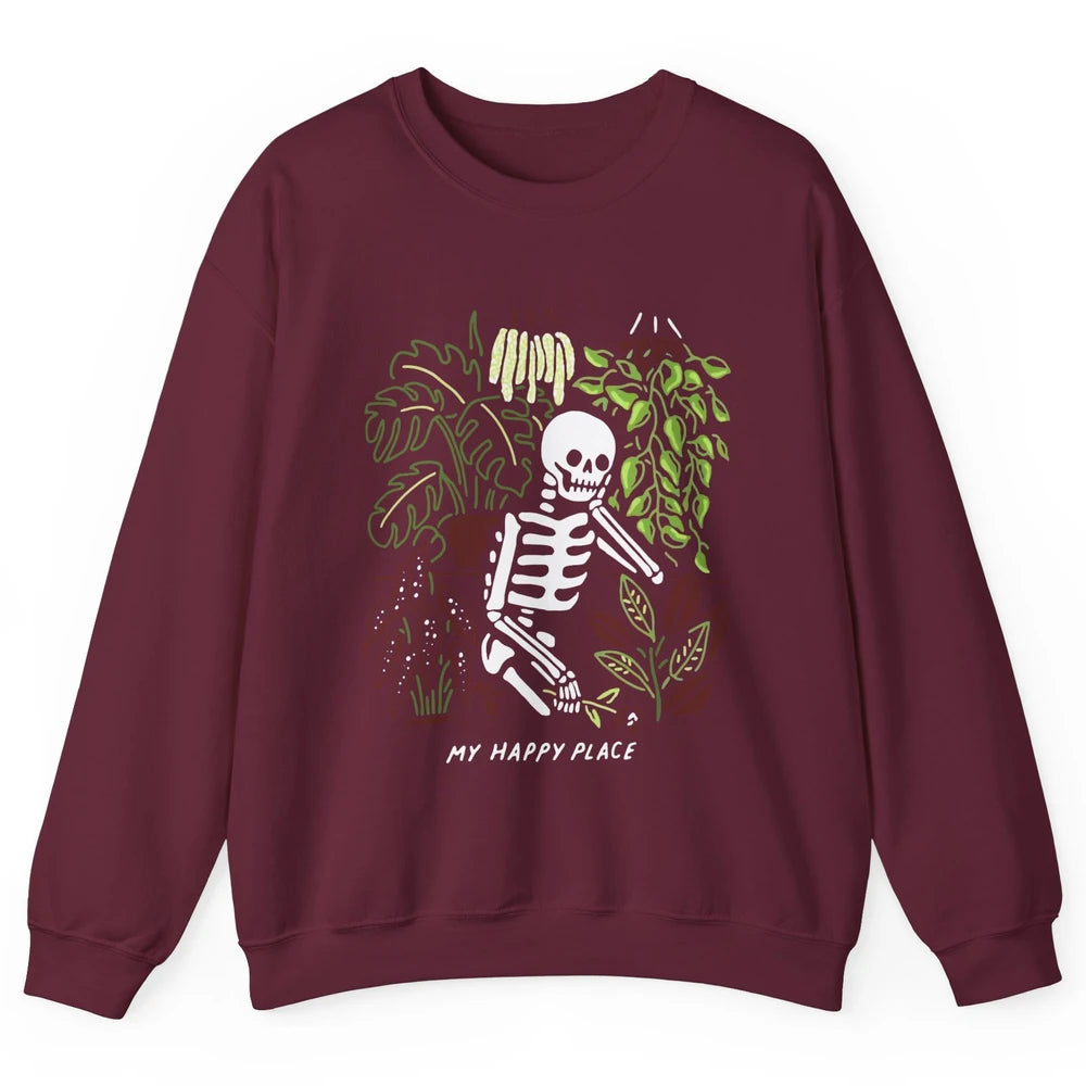 Retro Funny Skeleton Gardening My Happy Place Plant Lovers Unisex Crewneck Sweatshirt
