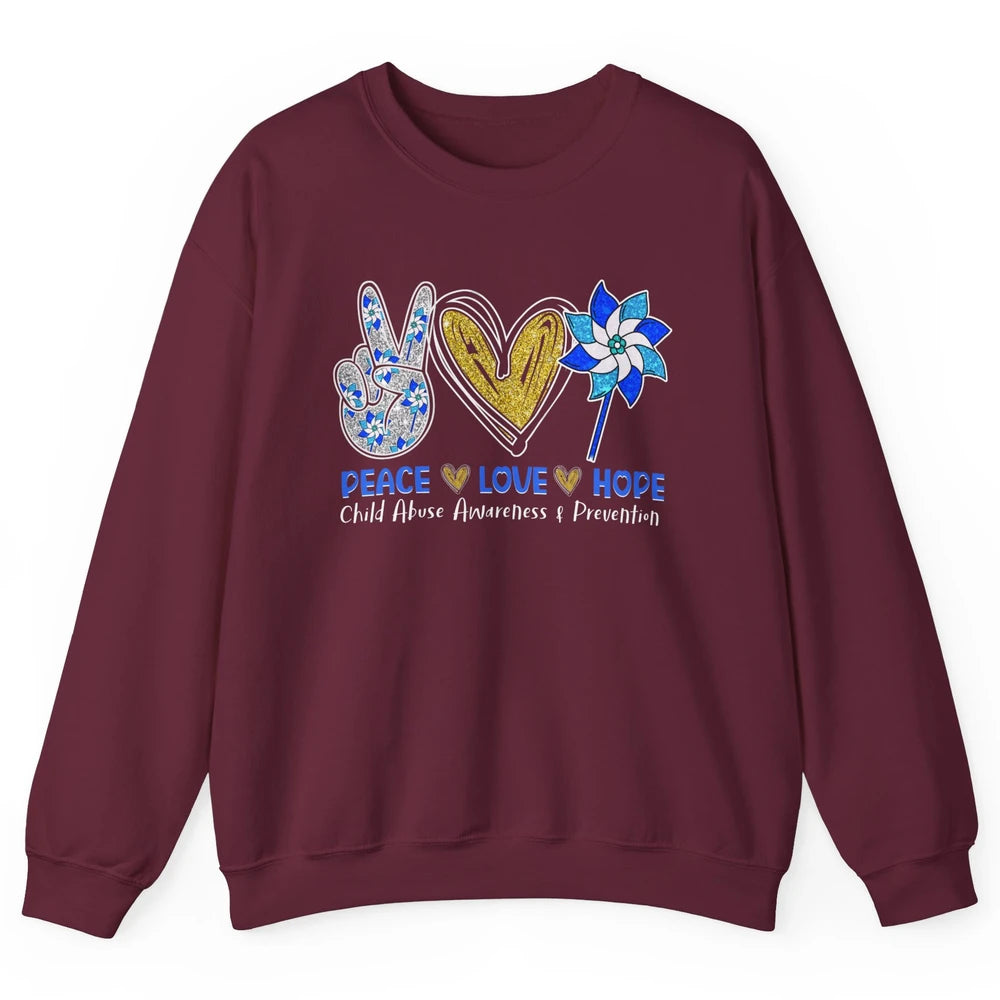 Peace Love Leopard Pinwheel Child Abuse Prevention Month Unisex Crewneck Sweatshirt