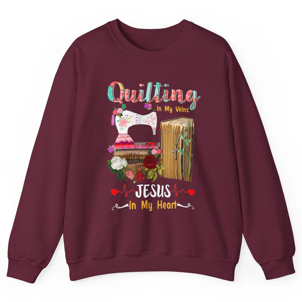 Quilting In My Veins Jesus In Heart Christian Retro Quilt Unisex Crewneck Sweatshirt