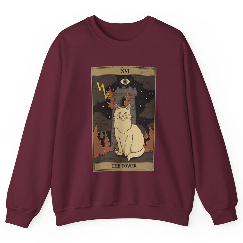 Retro Halloween Cat Witch The Tower Tarot Card Witchcraft Unisex Crewneck Sweatshirt