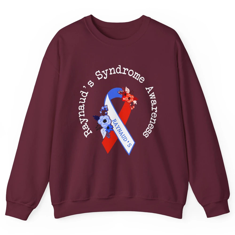 Raynaud's Syndrome Awareness Support Floral Red Blue Ribbon Unisex Crewneck Sweatshirt