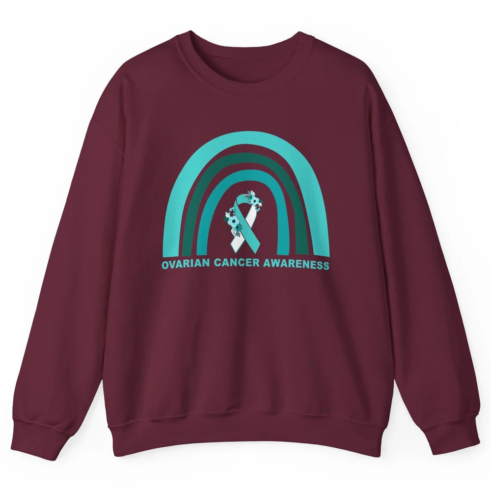 Ovarian Cancer Awareness Support Floral Turquoise Rainbow Unisex Crewneck Sweatshirt