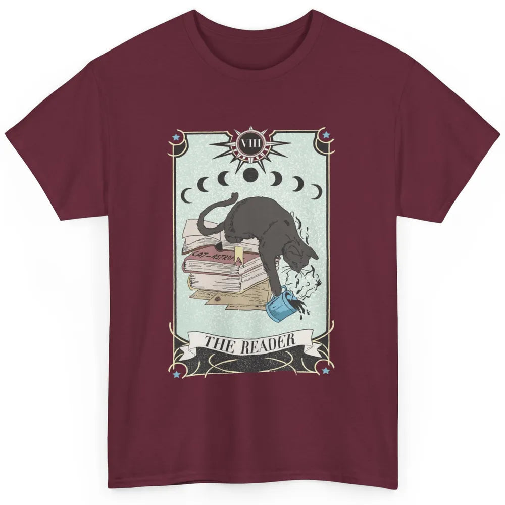 Retro Black Cat Books The Reader Tarot Card Halloween Reading Book Crescent Moon Classic Unisex T-Shirt
