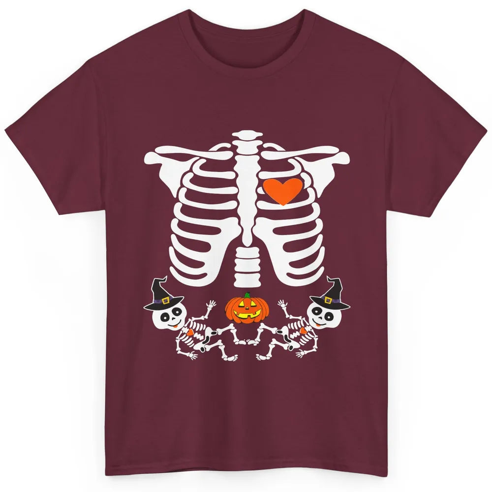 Pregnant Halloween Skeleton Baby Twins Witch Pumpkin Costume Classic Unisex T-Shirt