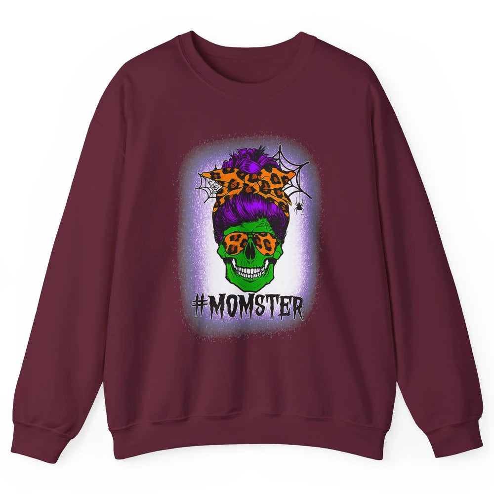 Retro Momster Messy Bun Skull Mom Halloween Spooky Mama Goth Unisex Crewneck Sweatshirt