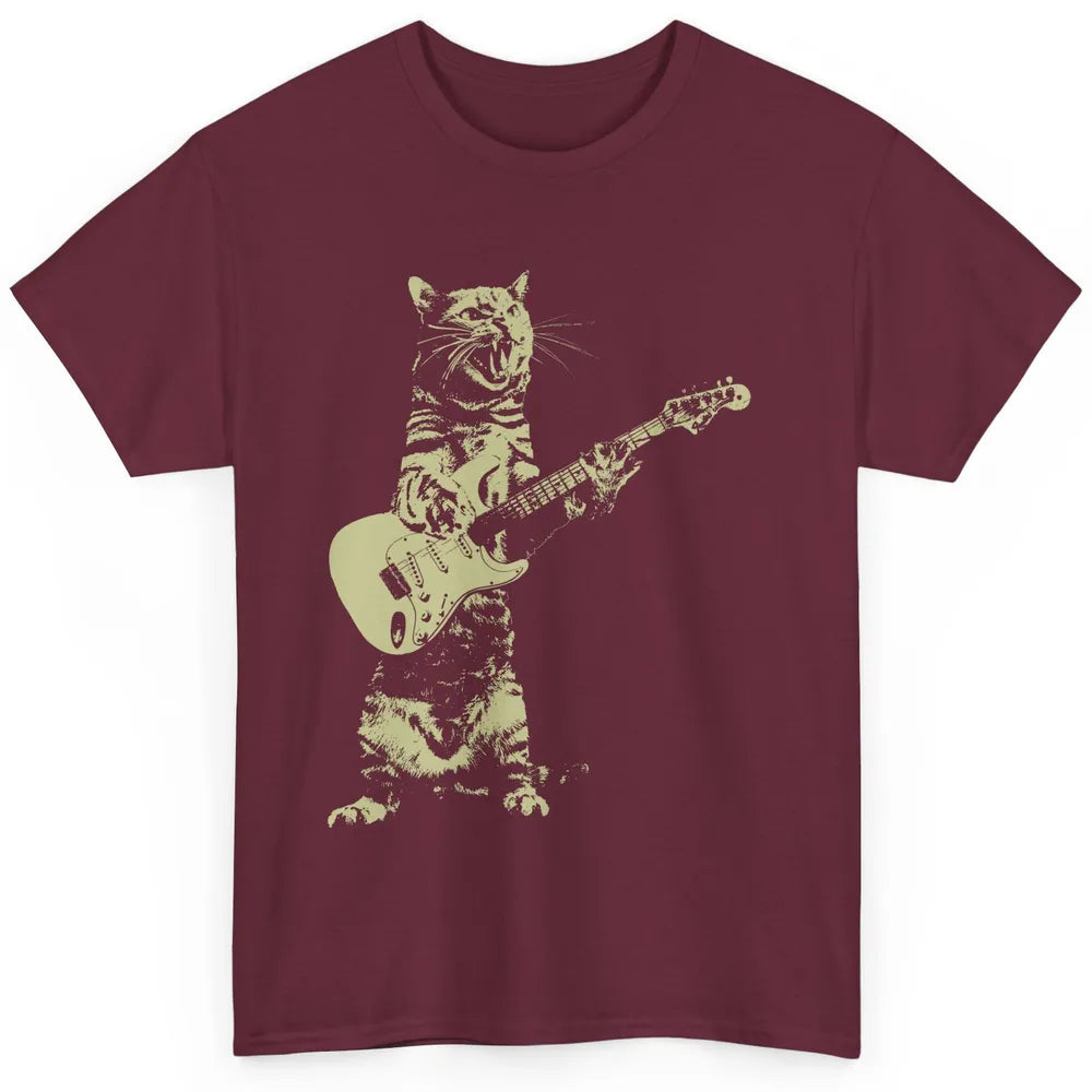 Retro Cat Playing Guitar Cat Guitarist Music Lovers Cat Mom Classic Unisex T-Shirt
