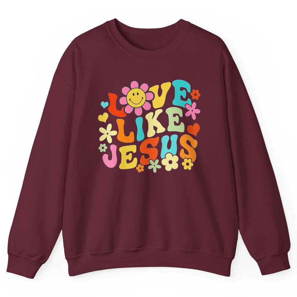 Retro Groovy Love Like Jesus Smiling Face Daisy Boho God Unisex Crewneck Sweatshirt