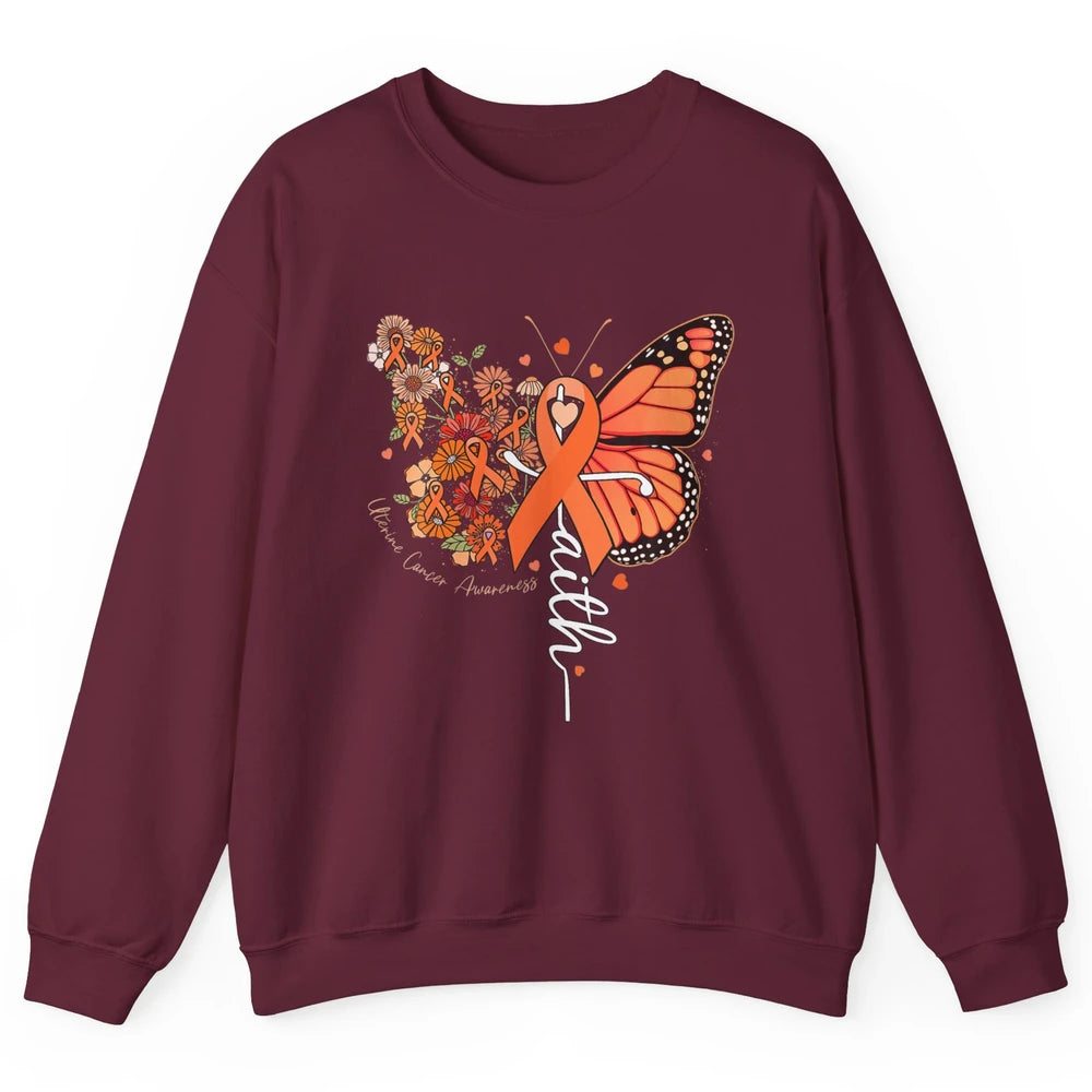 Peach Floral Butterfly Cross Faith Uterine Cancer Awareness Unisex Crewneck Sweatshirt