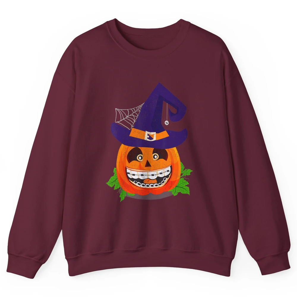 Pumpkin Witch Teeth Braces Dental Dentist Halloween Spooky Unisex Crewneck Sweatshirt